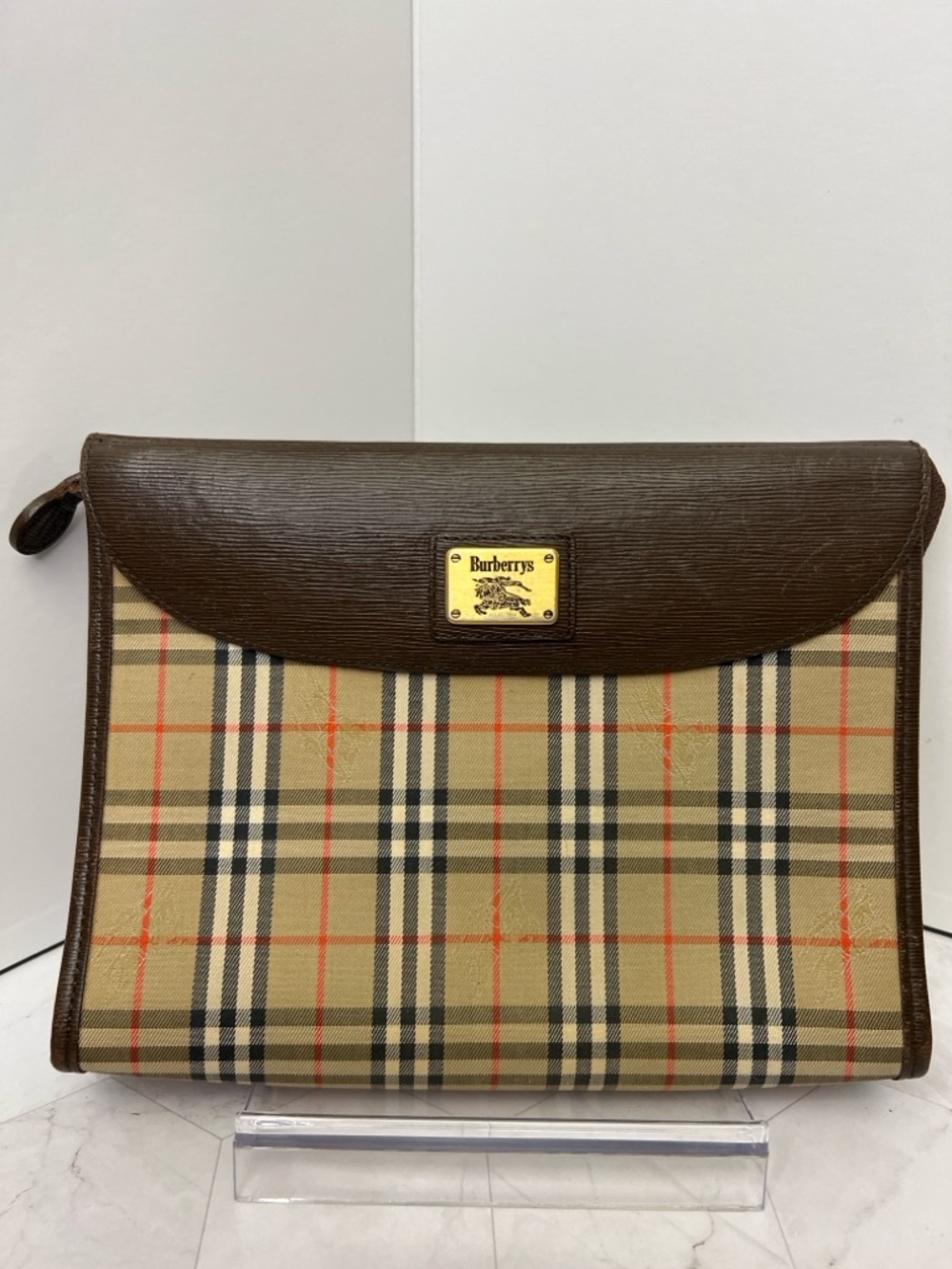 Vintage Burberry’s Beige Check Canvas Clutch with Brown Leather Trim